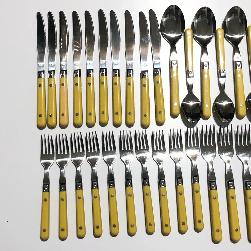 Vintage MCM Butterscotch Yellow Stainless Flatware lot 54 With Tray
